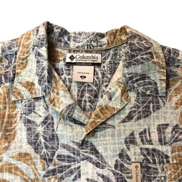 Columbia Camp Shirt Mens M Blue Tan Leaf Print Hawaiian Casual Summer Travel Y2K - Picture 5 of 16